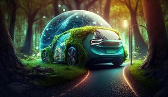 Electric vehicle and EV electric energy for the environment, EV cars on forest roads at ecological ecosystem healthy environment Electric cars and nature. Generative Ai. photo