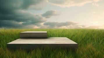 Podium in nature and grass field background. with space for text. Modern surreal elements. Generative Ai. photo