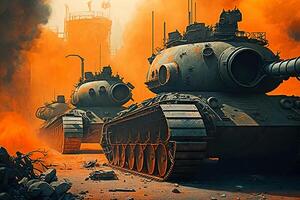 Army tank in the field of battle,Concept of war. Generative AI. photo