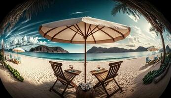 Summer beach by the sea,beach chair and umbrella, summer vacation concept. Generative Ai. photo