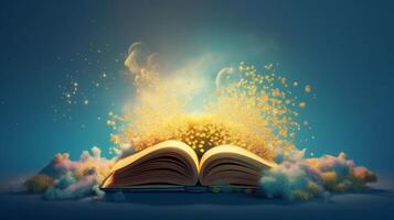 Book of Dreams Beyond Imagination Yellowish Blue Background. Generative AI. photo