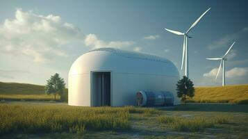 New energy sources, hydrogen power station with green grass field.Generative Ai. photo