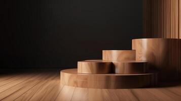 wooden top podium design blocks, cylindrical plinths, concept scenes, stage performances, products, creams, perfumes, with space for text. Modern surreal elements. Generative Ai. photo