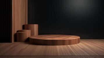 wooden top podium design blocks, cylindrical plinths, concept scenes, stage performances, products, creams, perfumes, with space for text. Modern surreal elements. . photo