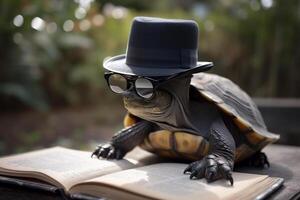 un Tortuga vistiendo lentes y un sombrero lee libros. generativo ai. foto