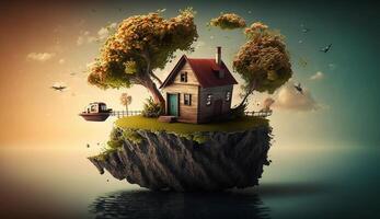 Illustration of houses and trees on the island on a bright color background. . photo