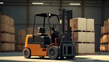 Concept image of a warehouse Forklift in the background of a large warehouse delivery. AI Generative. photo