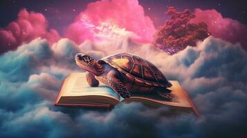 Dreamland of turtles reading books, Generative AI. photo