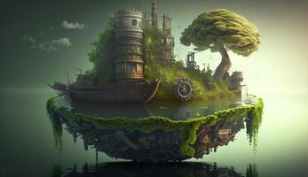 Fantasy an old industrial floating island pollutes with green energy and safe earth. Generative AI. photo