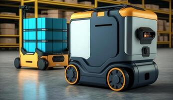 Automated guided vehicle in warehouse Robot transport system with logistics business concept. . photo