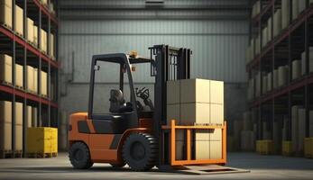 Concept image of a warehouse Forklift in the background of a large warehouse delivery. AI Generative. photo