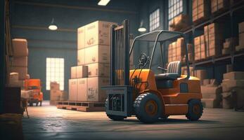 Concept image of a warehouse Forklift in the background of a large warehouse delivery. AI Generative. photo