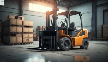 Concept image of a warehouse Forklift in the background of a large warehouse delivery. AI Generative. photo