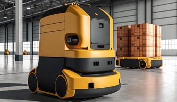 Automated guided vehicle in warehouse Robot transport system with logistics business concept. . photo