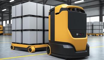 Automated guided vehicle in warehouse Robot transport system with logistics business concept. . photo