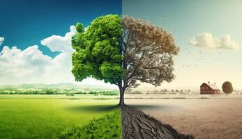 a tree in a green meadow clear air with plants and air pollution that affects climate change. . photo