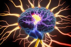 Close-up of a human brain showing neuronal activity and multicolored lightning neural extension. . photo