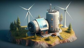 hidrógeno almacenamiento tanque en pequeño colina con molino turbinas y solar poder panel, generativo ai. foto