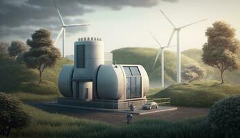 Hydrogen storage tank on small hill with mill turbines and solar power panel, Generative AI. photo