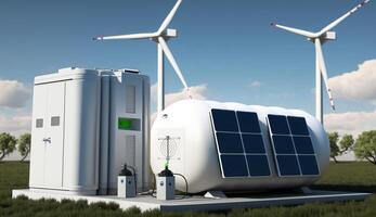 Hydrogen storage tank on small hill with mill turbines and solar power panel, Generative AI. photo