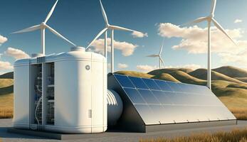 Hydrogen storage tank on small hill with mill turbines and solar power panel, Generative AI. photo