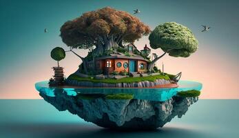 Illustration of houses and trees on the island on a bright color background. . photo