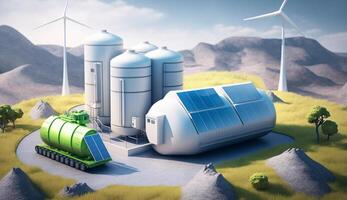 Hydrogen storage tank on small hill with mill turbines and solar power panel, Generative AI. photo