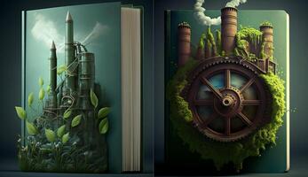 An open fantasy book illustration on the opposite side of the old industrial design polluting with green power and safe earth. . photo