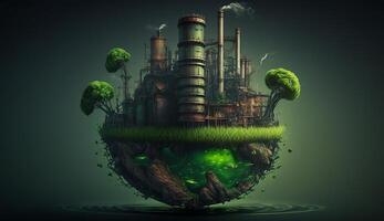 Fantasy an old industrial floating island pollutes with green energy and safe earth. Generative AI. photo