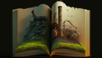 An open fantasy book illustration on the opposite side of the old industrial design polluting with green power and safe earth. AI Generative. photo