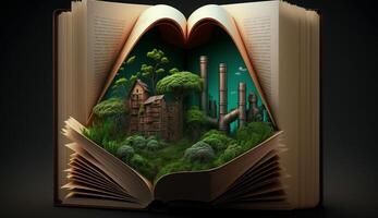 An open fantasy book illustration on the opposite side of the old industrial design polluting with green power and safe earth. . photo