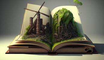 An open fantasy book illustration on the opposite side of the old industrial design polluting with green power and safe earth. AI Generative. photo