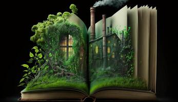 An open fantasy book illustration on the opposite side of the old industrial design polluting with green power and safe earth. AI Generative. photo