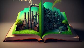 An open fantasy book illustration on the opposite side of the old industrial design polluting with green power and safe earth. . photo