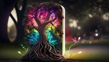 Beautiful illustration of the symbolic magic tree of life.The EV charging station explodes with colorful tree roots. Generative AI. photo