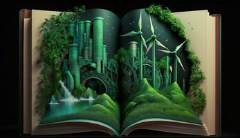 An open fantasy book illustration on the opposite side of the old industrial design polluting with green power and safe earth. AI Generative. photo