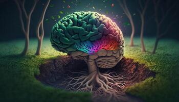 hermosa ilustración de el simbólico magia árbol de vida.la humano cerebro estallidos dentro vistoso árbol raíces. generativo ai. foto