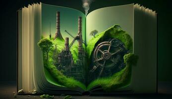 An open fantasy book illustration on the opposite side of the old industrial design polluting with green power and safe earth. AI Generative. photo