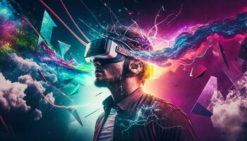 Young man using virtual reality headset.VR glasses, futuristict,echnology, online education, education,video game concept. Generative AI. photo