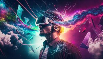 Young man using virtual reality headset.VR glasses, futuristict,echnology, online education, education, game concept. . photo