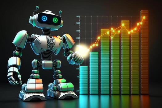 Future artificial intelligence robot learning to analyze business information and provide investment advice to stock chart traders. Stock chart analysis to beat the market.3d rendering. . photo