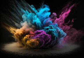 Design elements beautiful multicolored smoke clouds on a black background. Generative Ai. photo