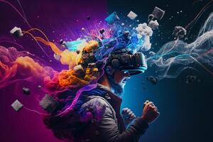 Young man using virtual reality headset.VR glasses, futuristict,echnology, online education, education,video game concept. Generative AI. photo