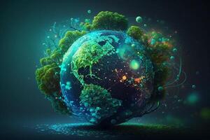 concept of saving the earth and energy Planet Earth with leaf texture and Milky Way as background with ecological connections.3d rendering. . photo