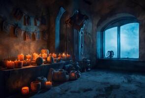 Display of candle lit carved halloween pumpkins in stone room with spider webs and eerie signs lit with blue and red light. Generative AI. photo