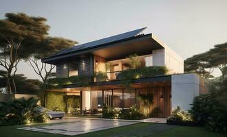 A mockup of a luxury house with solar panels and a shaded facade. AI Generative. photo