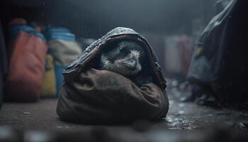 panguine dormido en un negro basura bolso entre el pila de algo de el plastico residuos y el lluvia. generativo ai. foto