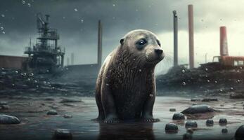 Seal standing in front Toxic mass from chemical factories. Generative AI. photo