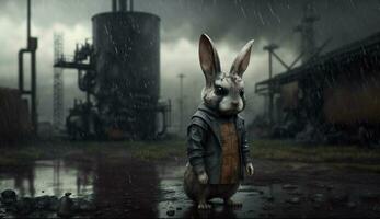 pequeño Conejo en pie en frente tóxico masa desde químico. ai generativo. foto