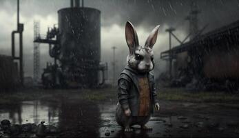 little Rabbit standing in front Toxic mass from chemical. . photo